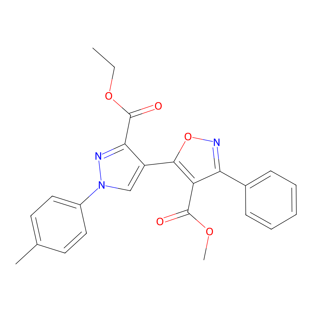 methyl 5-[3-(ethoxycarbonyl)-1-(4-methylphenyl)-1H-pyrazol-4-yl]-3-phenyl-1,2-oxazole-4-carboxylate molecular structure, CAS 321571-35-1