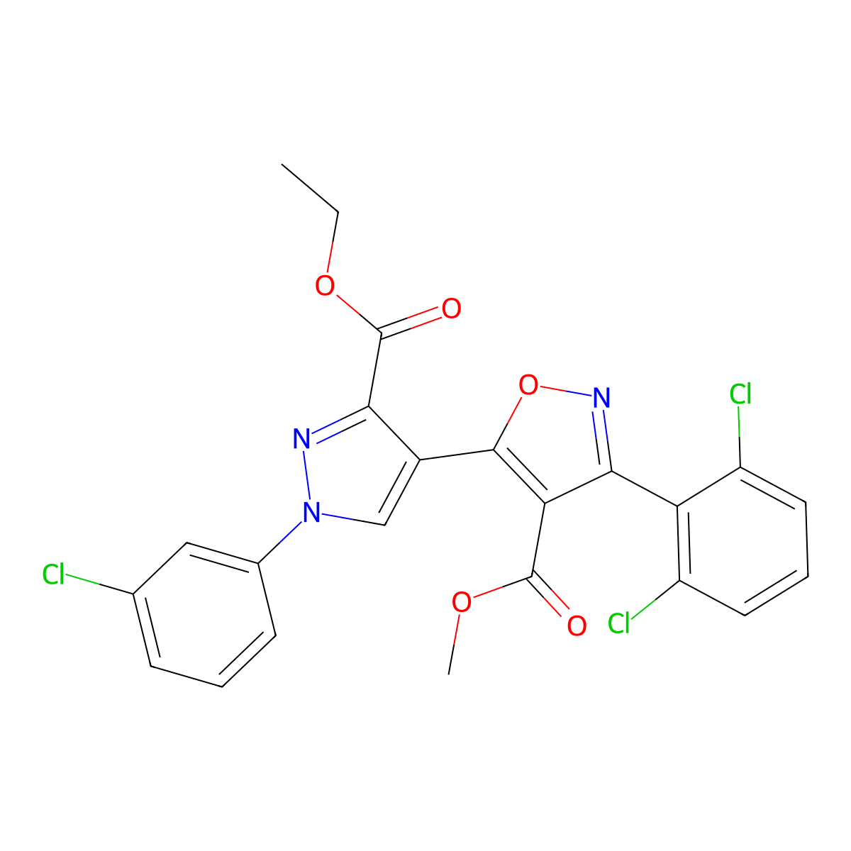 methyl 5-[1-(3-chlorophenyl)-3-(ethoxycarbonyl)-1H-pyrazol-4-yl]-3-(2,6-dichlorophenyl)-1,2-oxazole-4-carboxylate molecular structure, CAS 321571-37-3