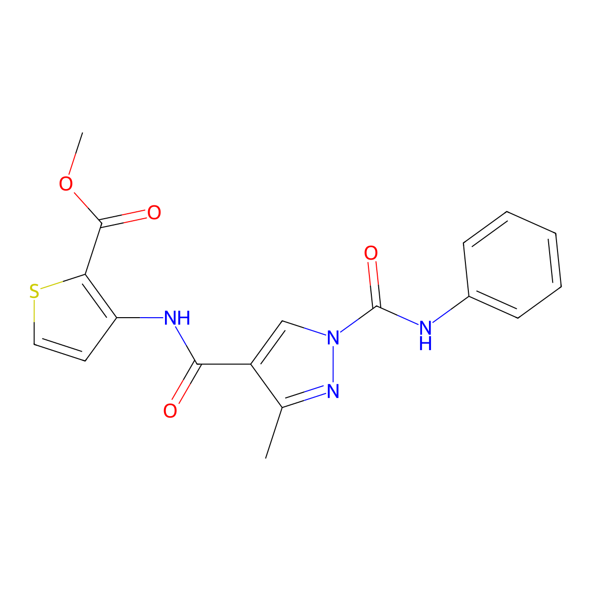 methyl 3-({[1-(anilinocarbonyl)-3-methyl-1H-pyrazol-4-yl]carbonyl}amino)-2-thiophenecarboxylate molecular structure, CAS 321574-09-8