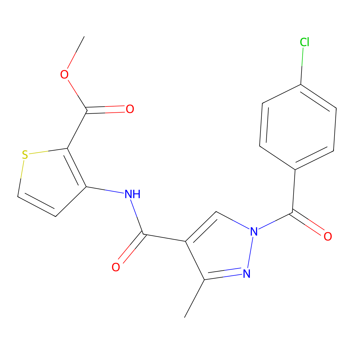 methyl 3-({[1-(4-chlorobenzoyl)-3-methyl-1H-pyrazol-4-yl]carbonyl}amino)-2-thiophenecarboxylate molecular structure, CAS 321574-10-1