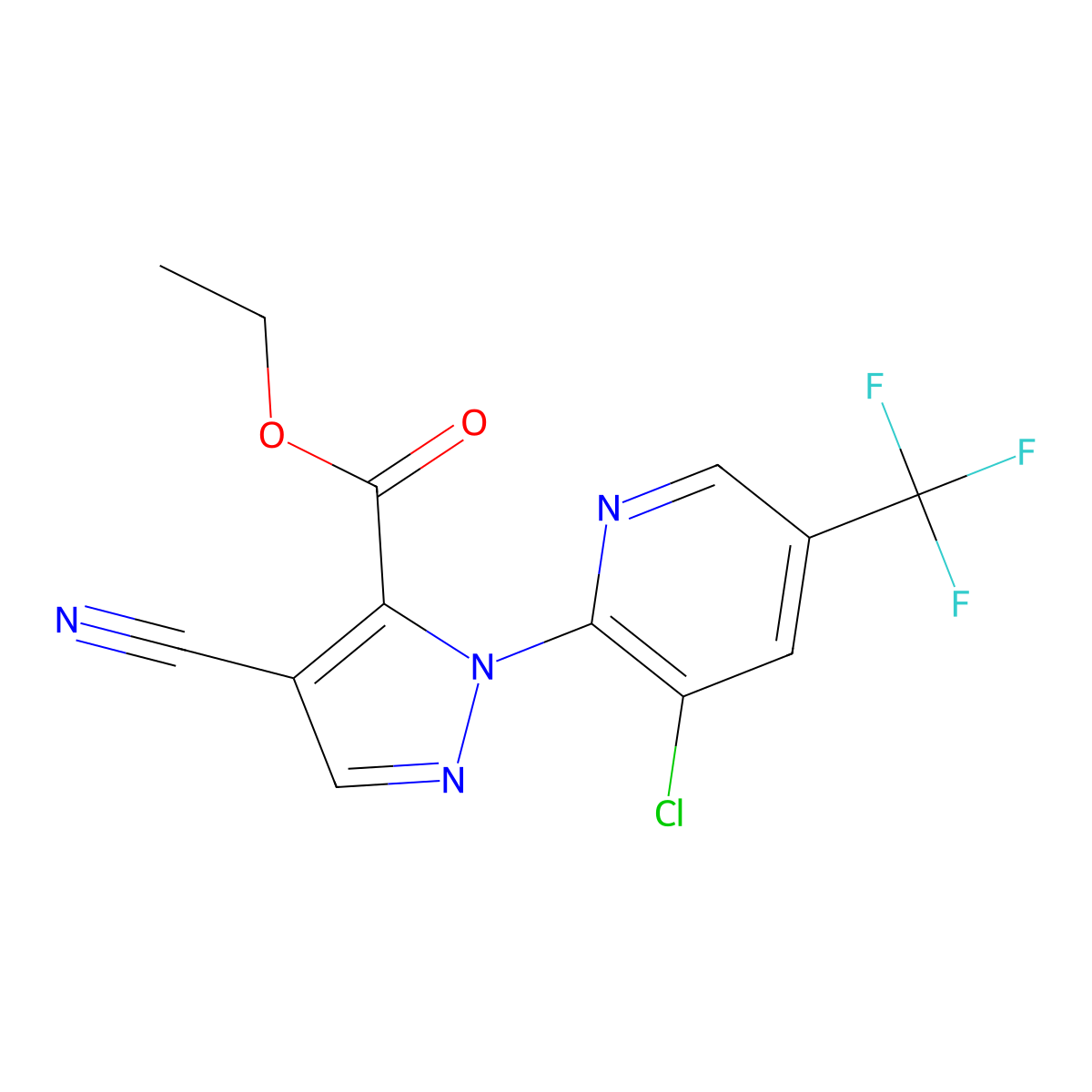 ethyl 1-[3-chloro-5-(trifluoromethyl)-2-pyridinyl]-4-cyano-1H-pyrazole-5-carboxylate molecular structure, CAS 321574-30-5