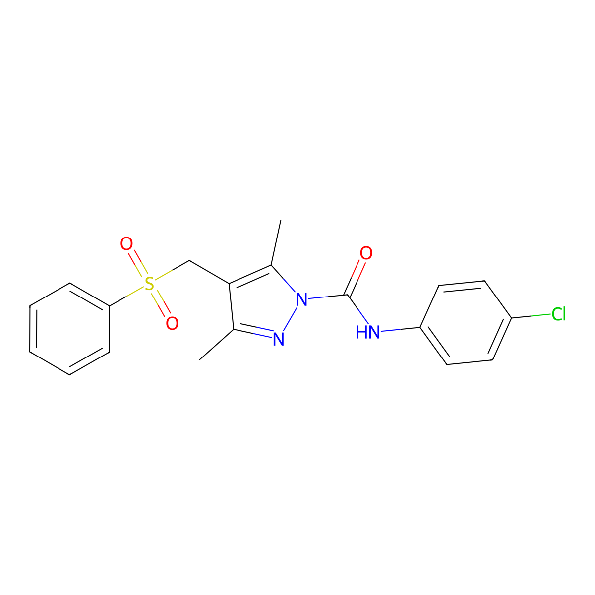 N-(4-chlorophenyl)-3,5-dimethyl-4-[(phenylsulfonyl)methyl]-1H-pyrazole-1-carboxamide molecular structure, CAS 321574-41-8
