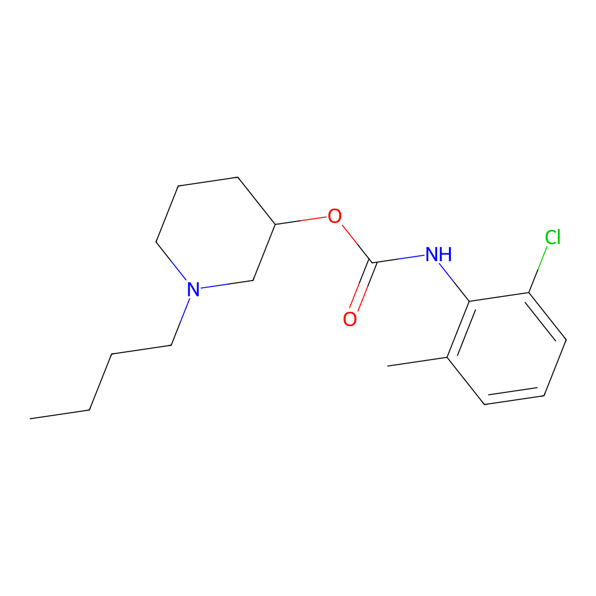 Carbanilic acid, 2-chloro-6-methyl-, N-n-butyl-3-piperidyl ester (S(-)) molecular structure, CAS 32158-41-1