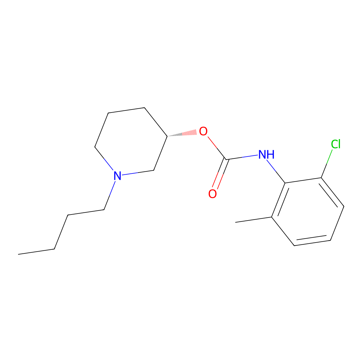 Carbanilic acid, 2-chloro-6-methyl-, N-n-butyl-3-piperidyl ester (S(-)) molecular structure, CAS 32158-41-1