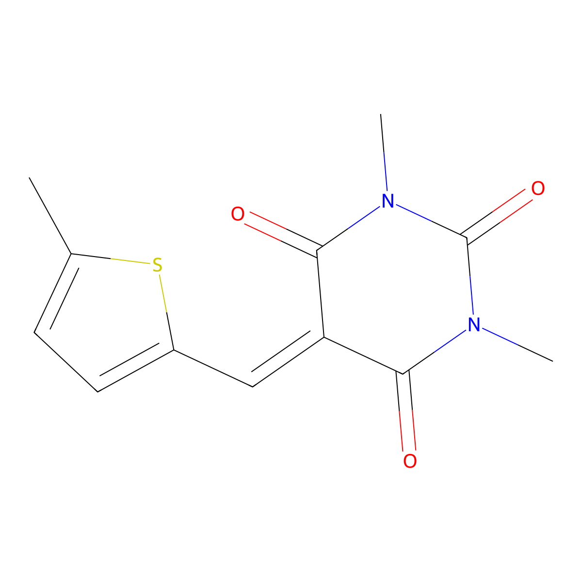 1,3-Dimethyl-5-(5-methyl-thiophen-2-ylmethylene)-pyrimidine-2,4,6-trione molecular structure, CAS 321657-76-5