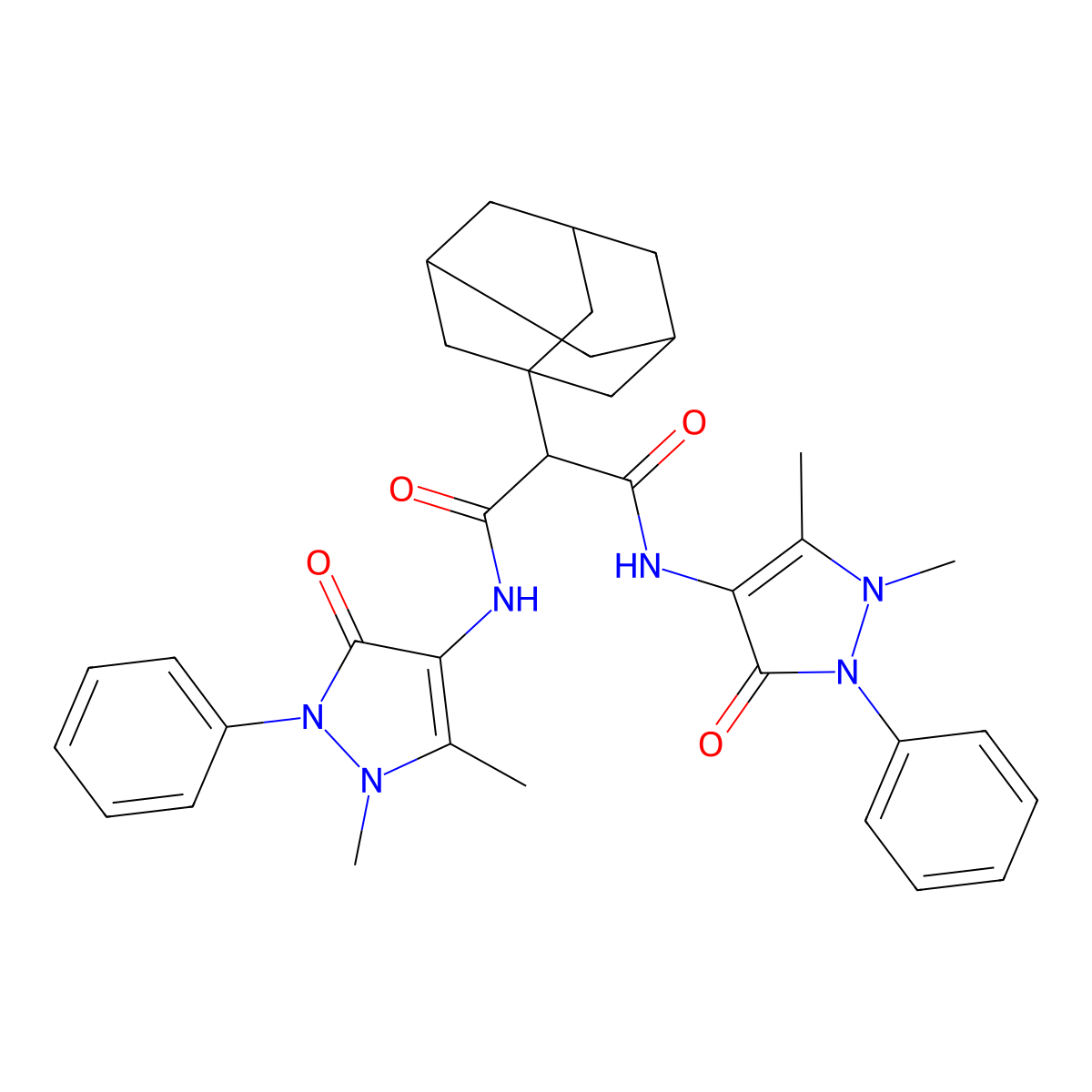 2-(adamantan-1-yl)-N,N'-bis(1,5-dimethyl-3-oxo-2-phenyl-2,3-dihydro-1H-pyrazol-4-yl)propanediamide molecular structure, CAS 321688-72-6