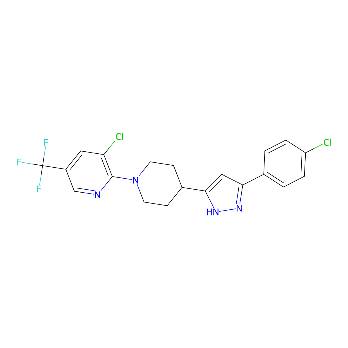 3-chloro-2-{4-[3-(4-chlorophenyl)-1H-pyrazol-5-yl]piperidin-1-yl}-5-(trifluoromethyl)pyridine molecular structure, CAS 321848-27-5