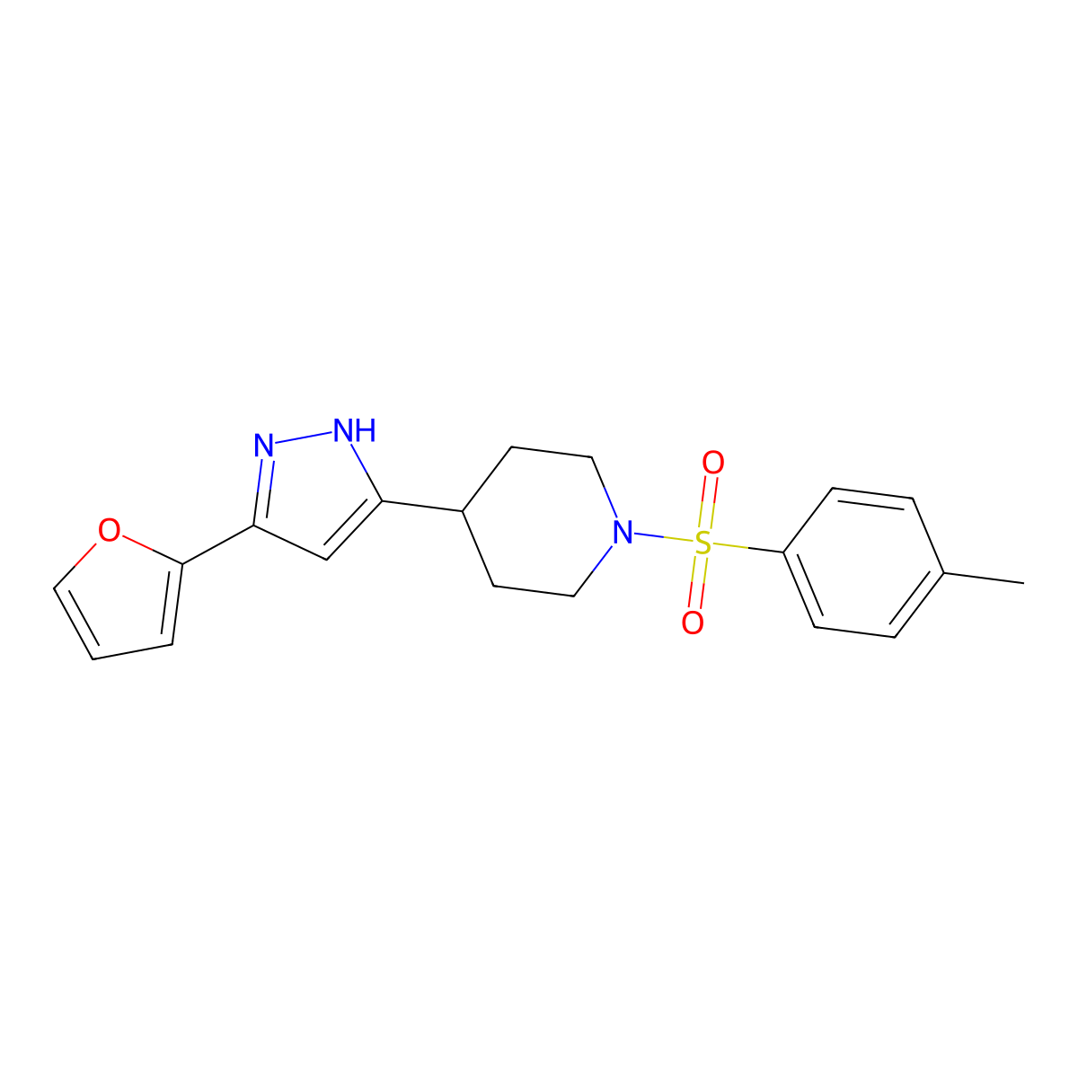 4-[5-(2-furyl)-1H-pyrazol-3-yl]-1-[(4-methylphenyl)sulfonyl]piperidine molecular structure, CAS 321848-31-1