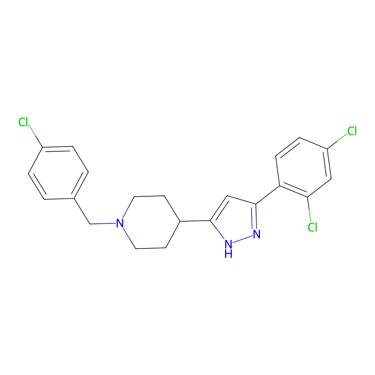 1-[(4-chlorophenyl)methyl]-4-[3-(2,4-dichlorophenyl)-1H-pyrazol-5-yl]piperidine molecular structure, CAS 321848-35-5