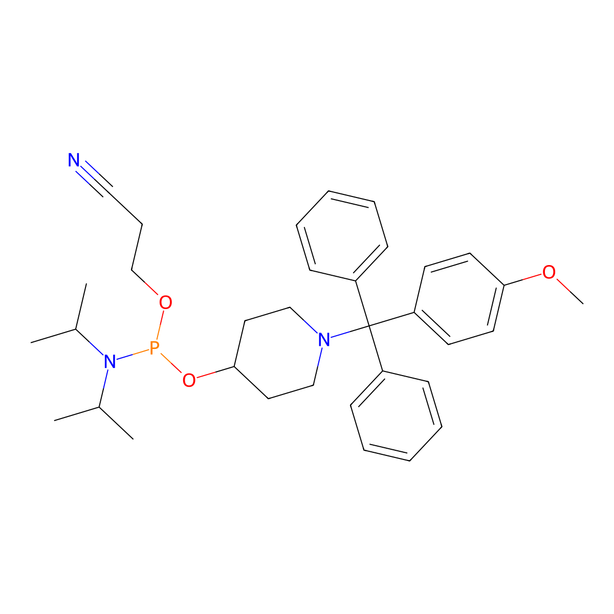 2-Cyanoethyl (1-((4-methoxyphenyl)diphenylmethyl)piperidin-4-yl) diisopropylphosphoramidite molecular structure, CAS 321862-15-1