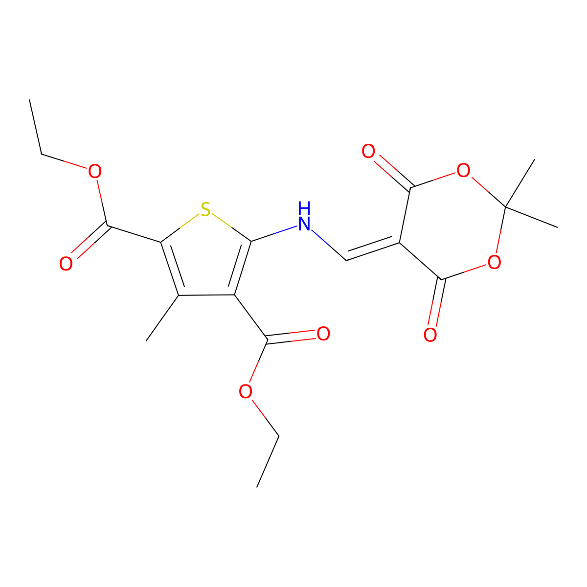 Diethyl 5-(((2,2-dimethyl-4,6-dioxo-1,3-dioxan-5-ylidene)methyl)amino)-3-methylthiophene-2,4-dicarboxylate molecular structure, CAS 321884-63-3