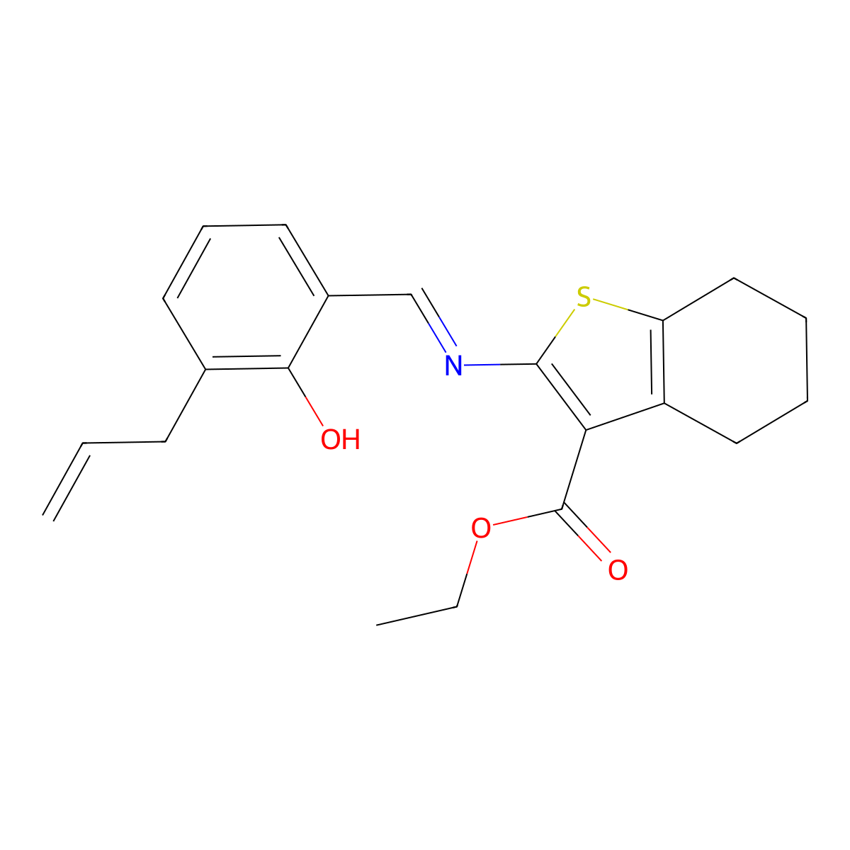 Ethyl 4,5,6,7-tetrahydro-2-[[[2-hydroxy-3-(2-propen-1-yl)phenyl]methylene]amino]benzo[b]thiophene-3-carboxylate molecular structure, CAS 321945-26-0