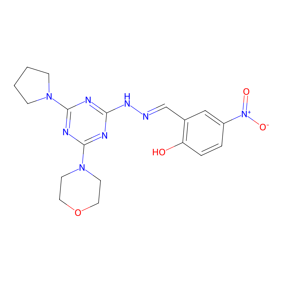 2-Hydroxy-5-nitrobenzaldehyde 2-[4-(4-morpholinyl)-6-(1-pyrrolidinyl)-1,3,5-triazin-2-yl]hydrazone molecular structure, CAS 321968-50-7