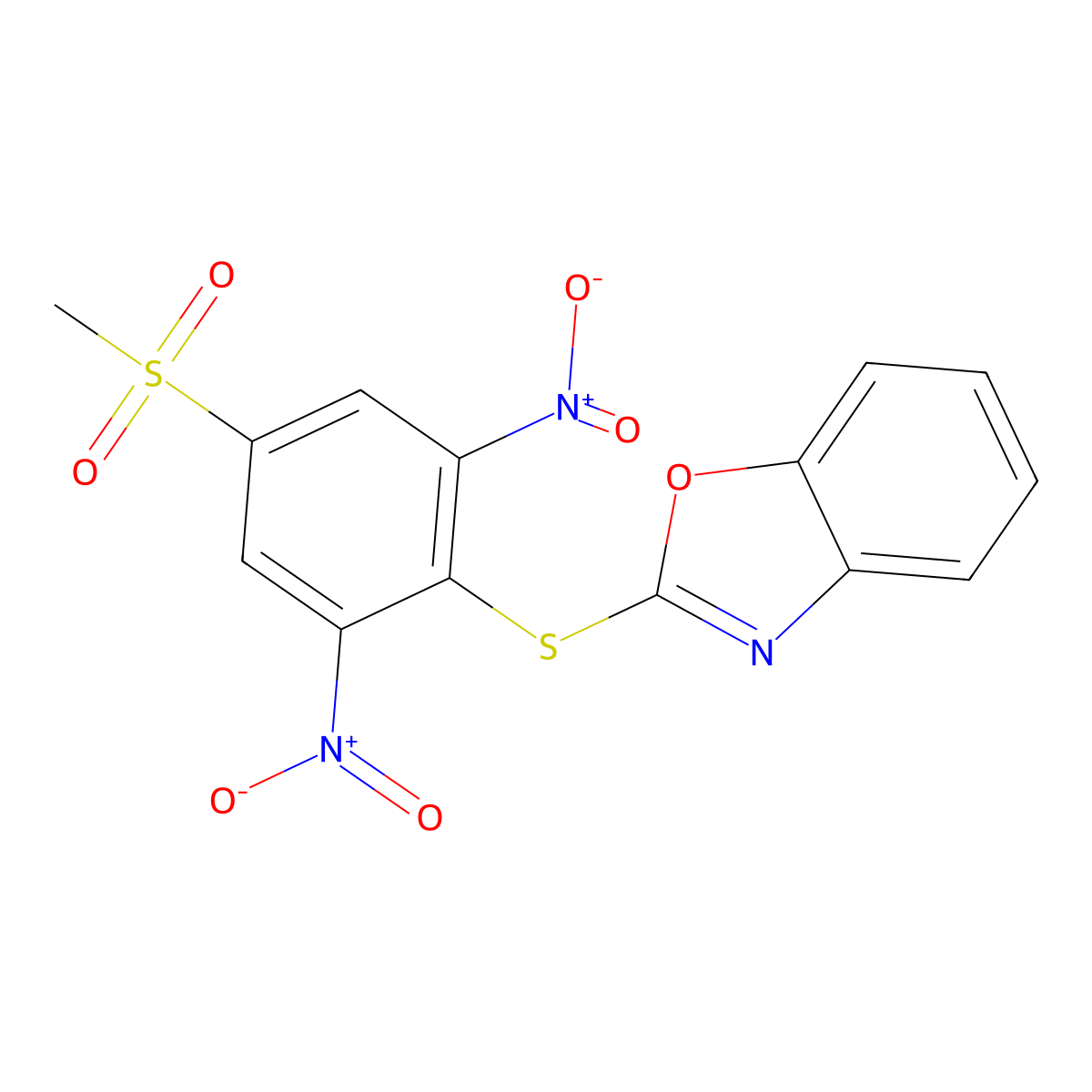 2-((4-(Methylsulfonyl)-2,6-dinitrophenyl)thio)benzo[d]oxazole molecular structure, CAS 321971-30-6