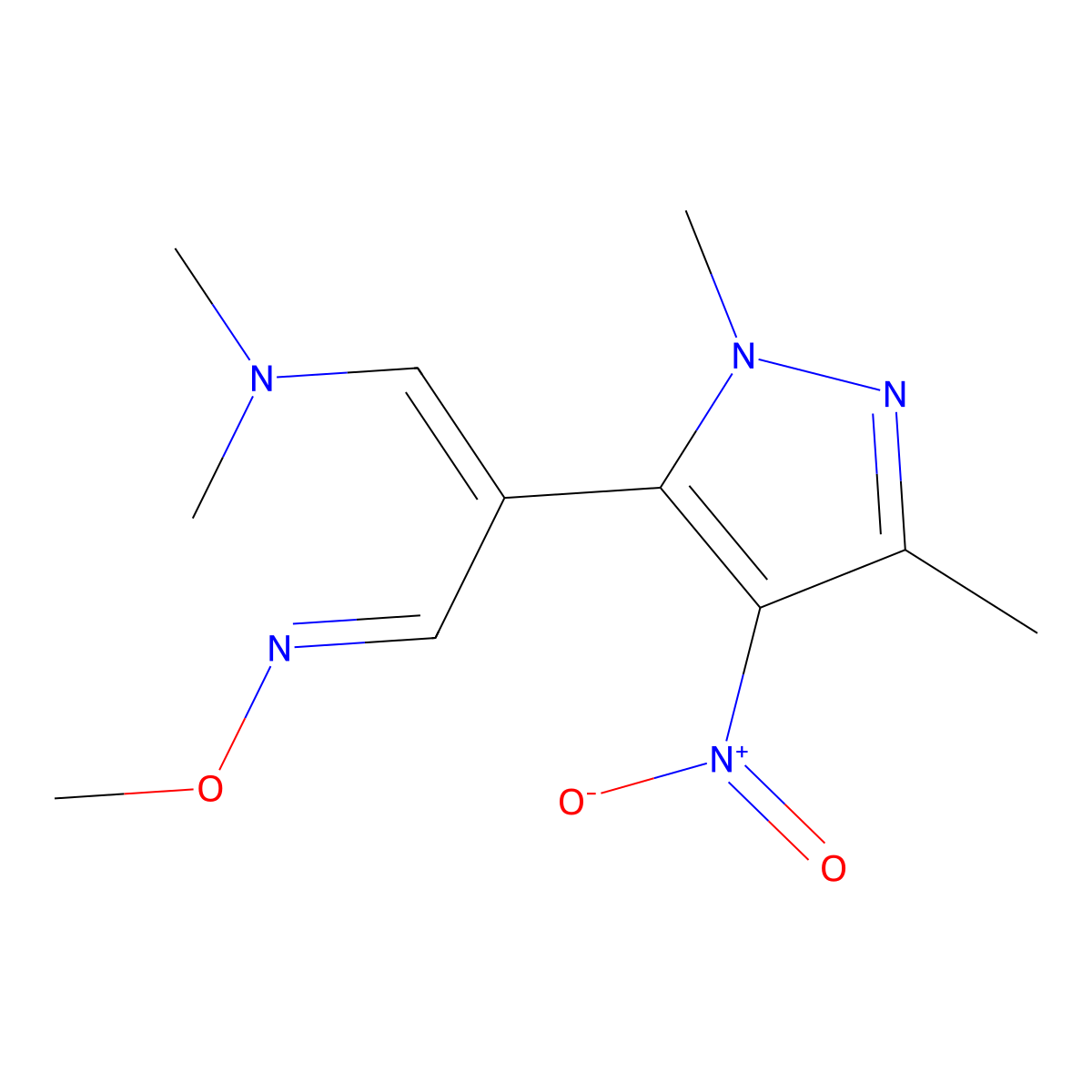 3-(dimethylamino)-2-(1,3-dimethyl-4-nitro-1H-pyrazol-5-yl)acrylaldehyde O-methyloxime molecular structure, CAS 321998-09-8