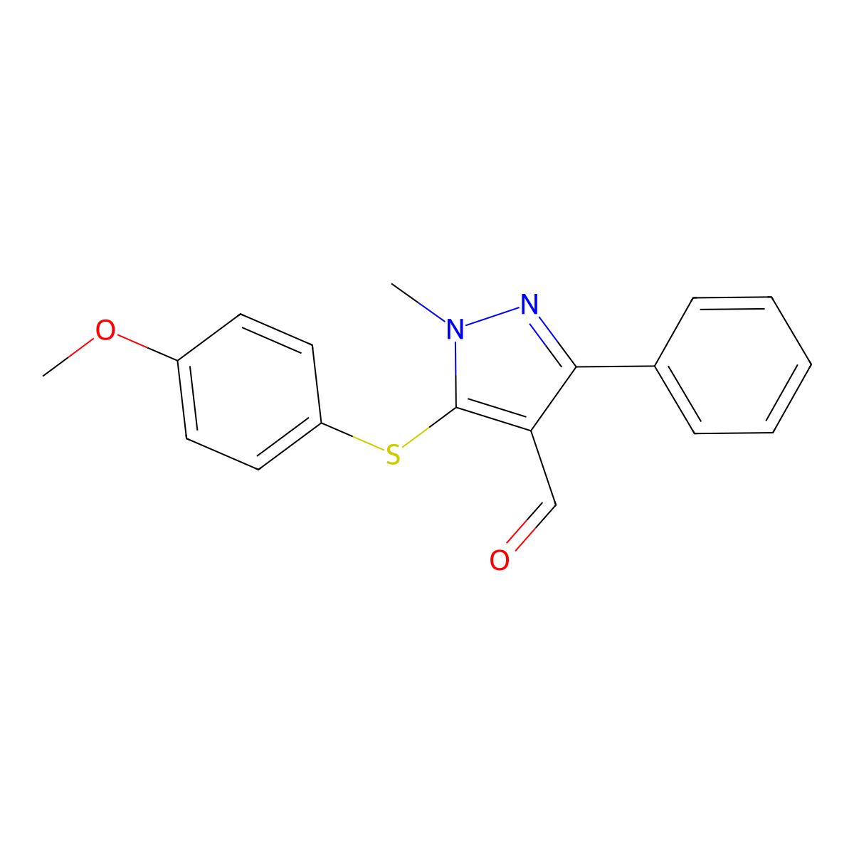 5-[(4-methoxyphenyl)sulfanyl]-1-methyl-3-phenyl-1H-pyrazole-4-carbaldehyde molecular structure, CAS 321998-19-0