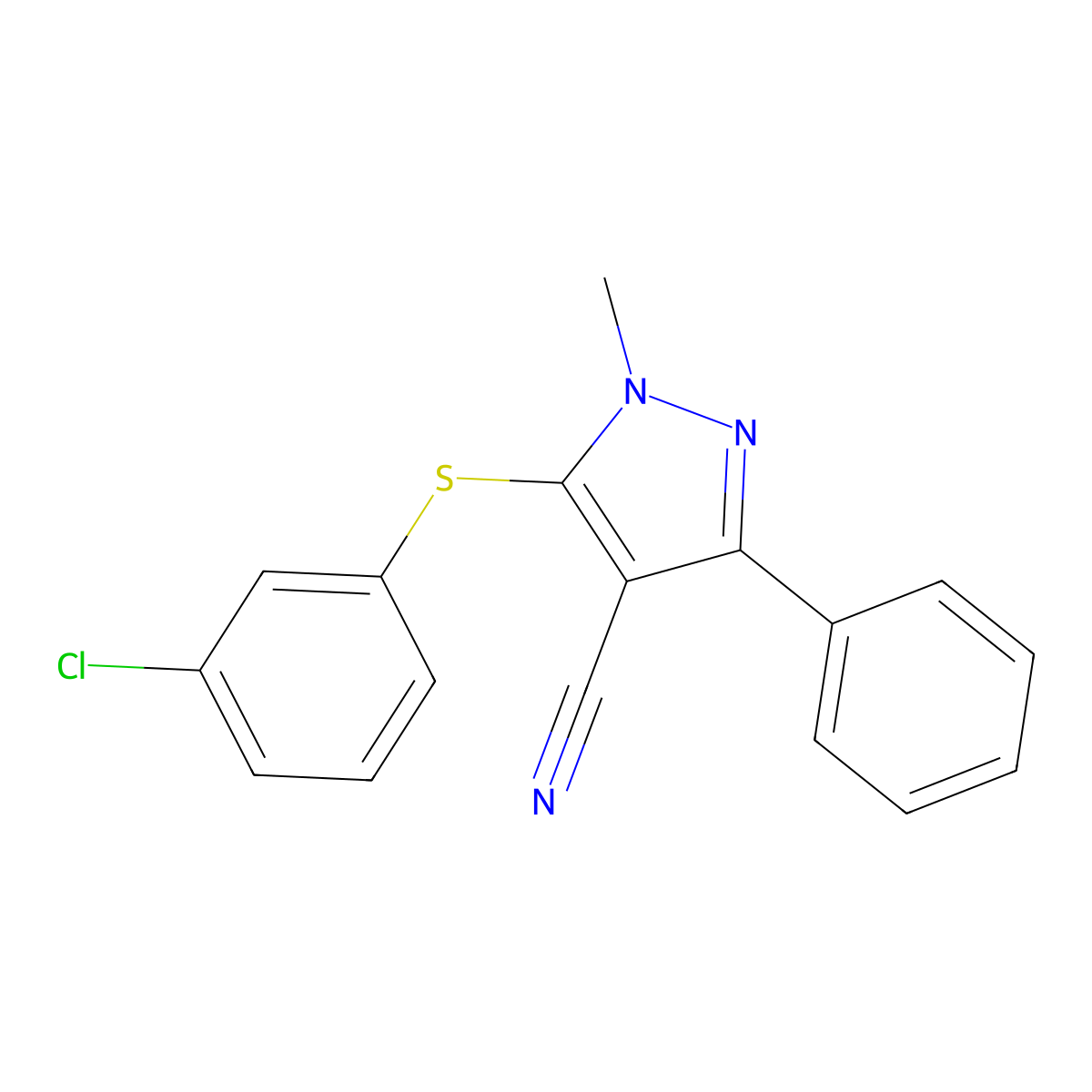 5-[(3-chlorophenyl)sulfanyl]-1-methyl-3-phenyl-1H-pyrazole-4-carbonitrile molecular structure, CAS 321998-36-1