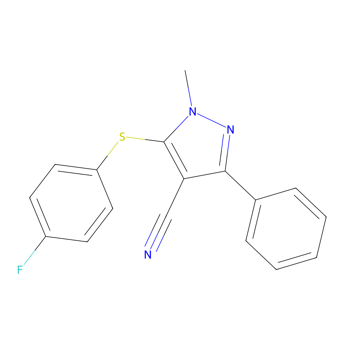 5-[(4-fluorophenyl)sulfanyl]-1-methyl-3-phenyl-1H-pyrazole-4-carbonitrile molecular structure, CAS 321998-37-2