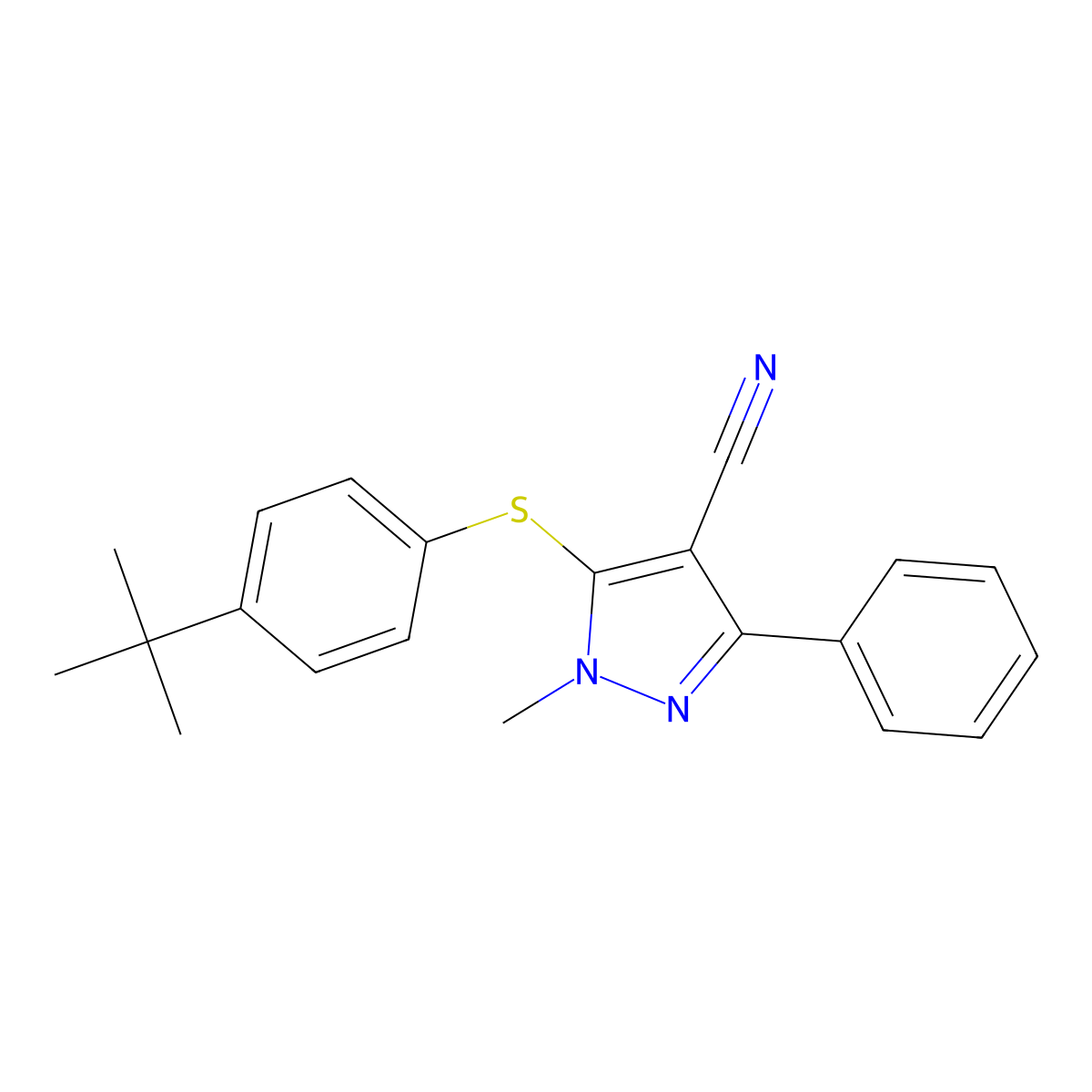5-{[4-(tert-butyl)phenyl]sulfanyl}-1-methyl-3-phenyl-1H-pyrazole-4-carbonitrile molecular structure, CAS 321998-38-3