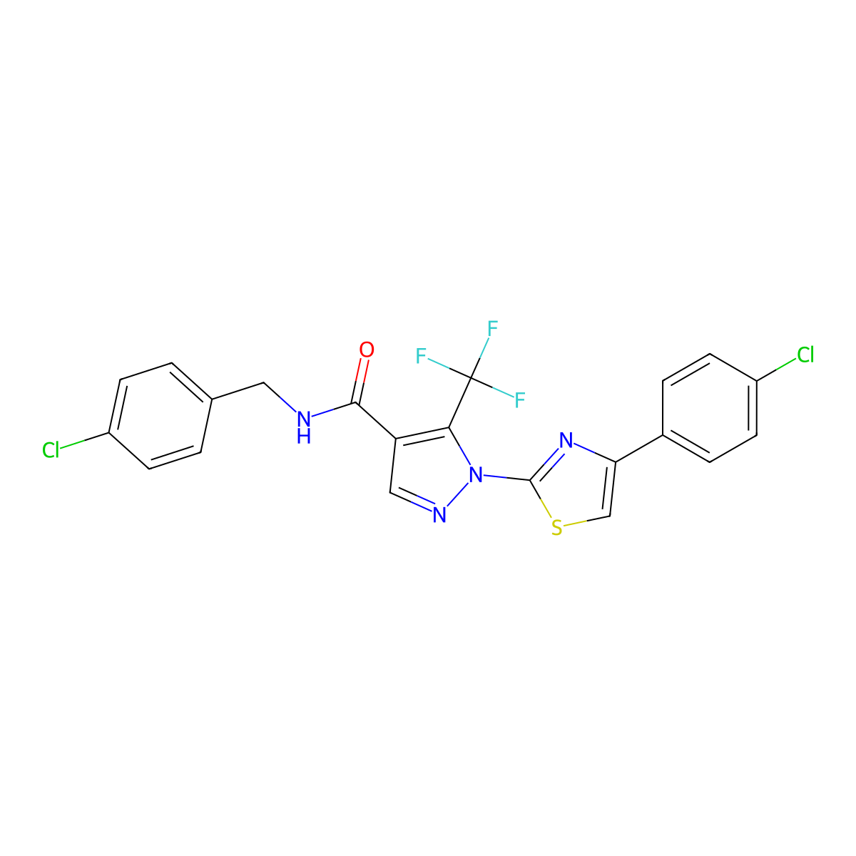 N-(4-chlorobenzyl)-1-[4-(4-chlorophenyl)-1,3-thiazol-2-yl]-5-(trifluoromethyl)-1H-pyrazole-4-carboxamide molecular structure, CAS 321998-54-3