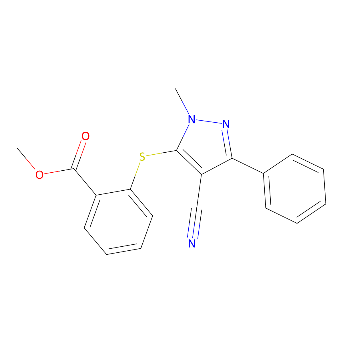 methyl 2-[(4-cyano-1-methyl-3-phenyl-1H-pyrazol-5-yl)sulfanyl]benzenecarboxylate molecular structure, CAS 321998-66-7