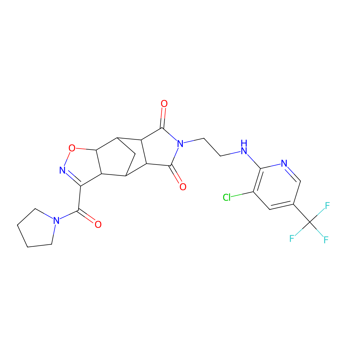 10-(2-{[3-Chloro-5-(trifluoromethyl)-2-pyridinyl]amino}ethyl)-5-(1-pyrrolidinylcarbonyl)-3-oxa-4,10-diazatetracyclo[5.5.1.0~2,6~.0~8,12~]tridec-4-ene-9,11-dione molecular structure, CAS 321998-79-2