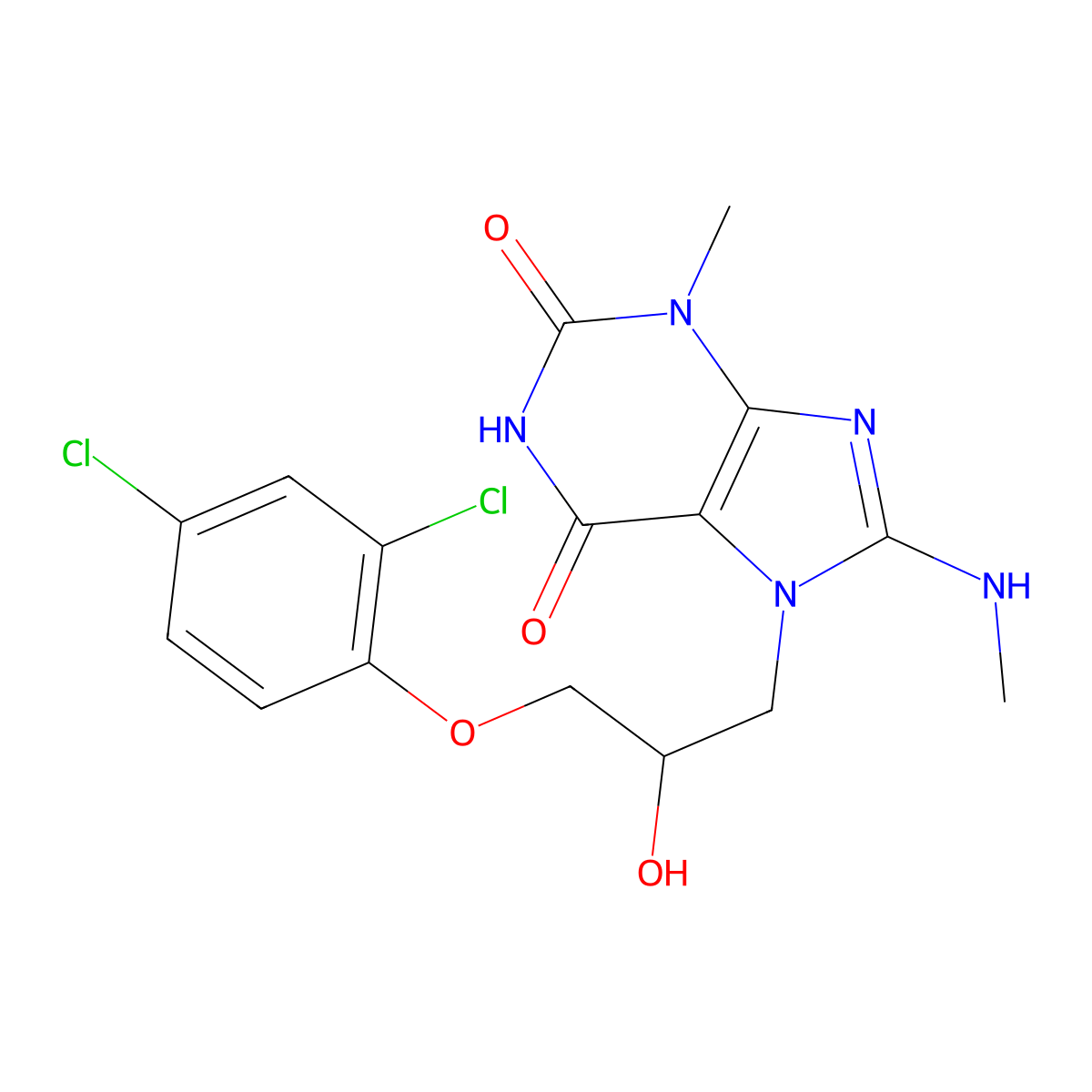 7-(3-(2,4-dichlorophenoxy)-2-hydroxypropyl)-3-methyl-8-(methylamino)-1H-purine-2,6(3H,7H)-dione molecular structure, CAS 322409-27-8