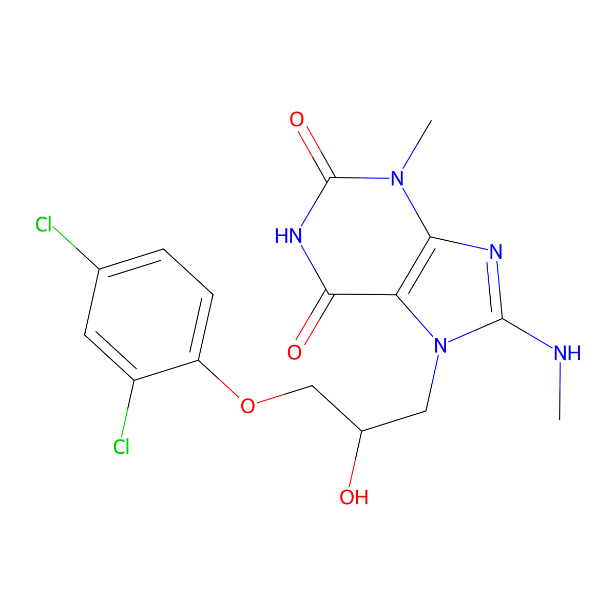 7-(3-(2,4-dichlorophenoxy)-2-hydroxypropyl)-3-methyl-8-(methylamino)-1H-purine-2,6(3H,7H)-dione molecular structure, CAS 322409-27-8