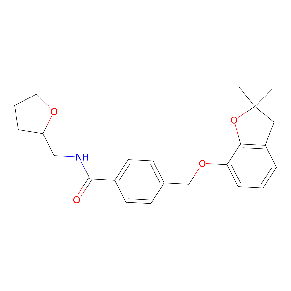4-(((2,2-dimethyl-2,3-dihydrobenzofuran-7-yl)oxy)methyl)-N-((tetrahydrofuran-2-yl)methyl)benzamide molecular structure, CAS 322433-09-0