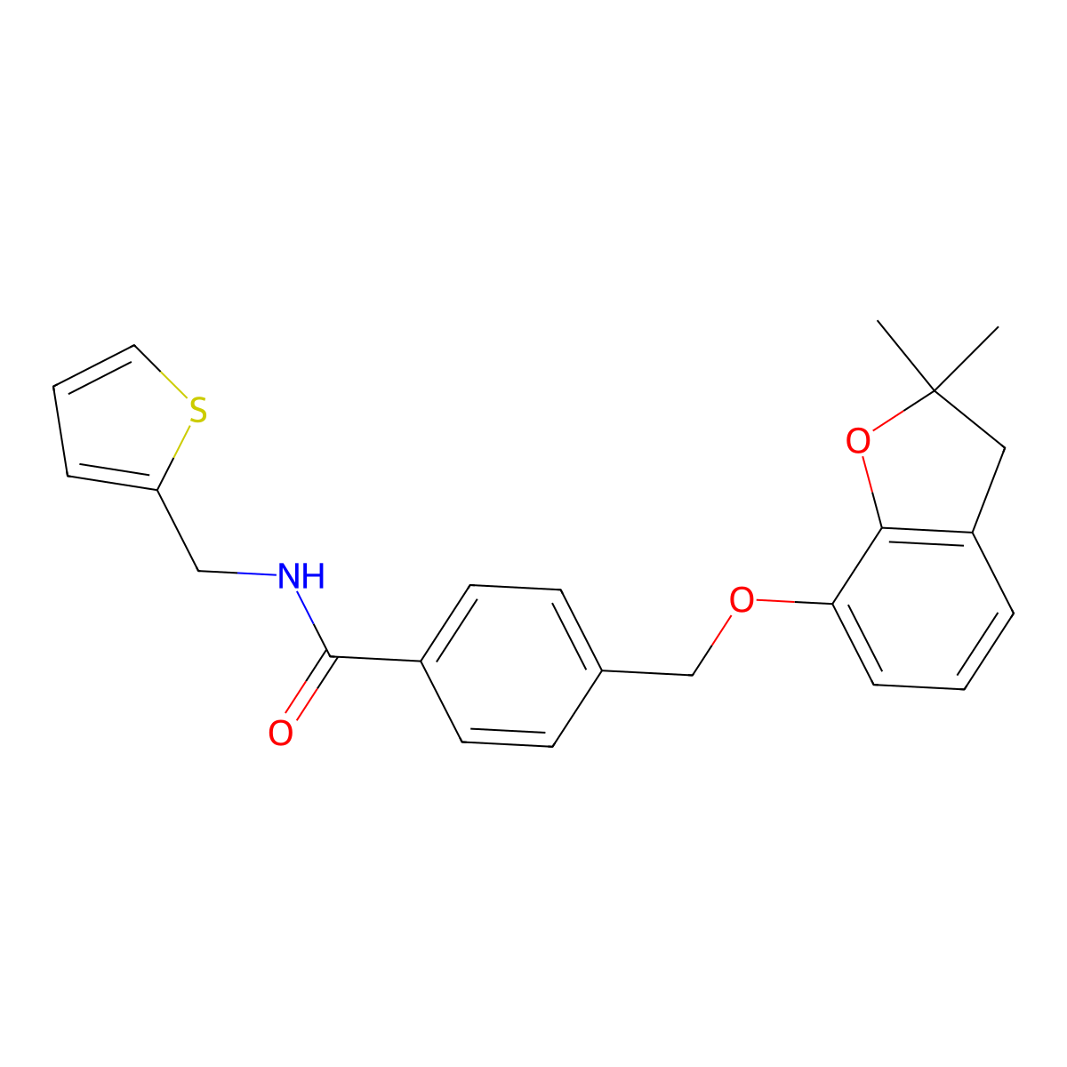 4-(((2,2-dimethyl-2,3-dihydrobenzofuran-7-yl)oxy)methyl)-N-(thiophen-2-ylmethyl)benzamide molecular structure, CAS 322678-98-8