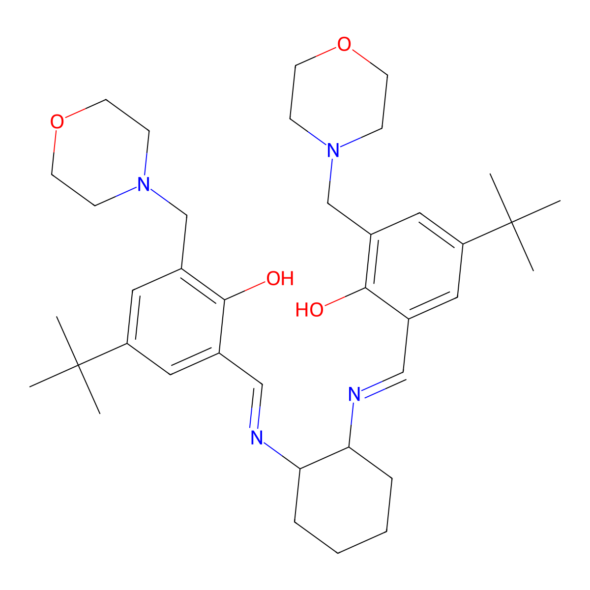 2,2'-[(1R,2R)-(-)-1,2-Cyclohexanediylbis((E)-(nitrilomethylidyne))]bis[4-(tert-butyl)-6-(4-morpholinylmethyl)phenol] molecular structure, CAS 323193-85-7