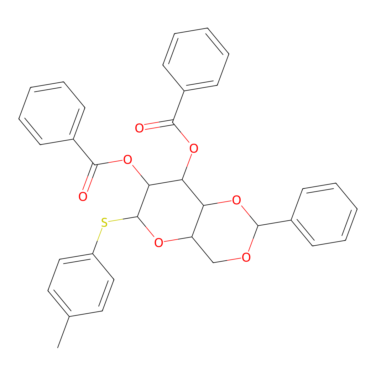 (2R,4AR,6S,7R,8S,8aR)-2-phenyl-6-(p-tolylthio)hexahydropyrano[3,2-d][1,3]dioxine-7,8-diyl dibenzoate molecular structure, CAS 323195-40-0