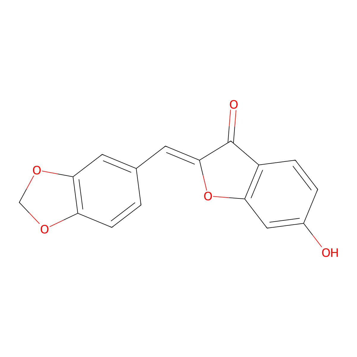(2Z)-2-(1,3-benzodioxol-5-ylmethylene)-6-hydroxy-1-benzofuran-3(2H)-one molecular structure, CAS 32396-84-2