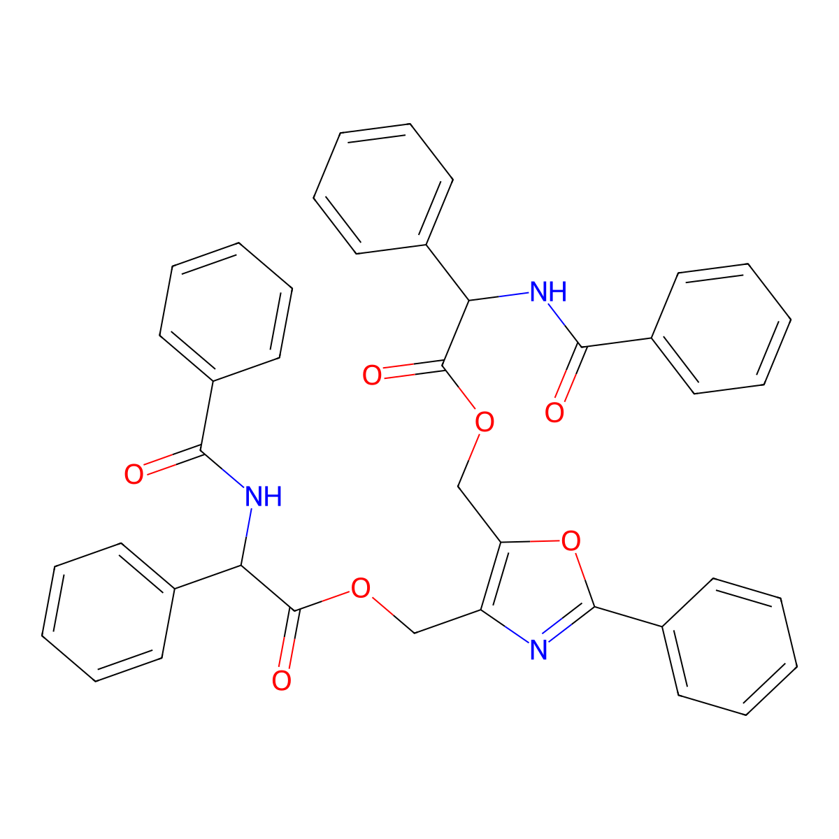 (2-Phenyl-1,3-oxazole-4,5-diyl)dimethanediyl bis{phenyl[(phenylcarbonyl)amino]acetate} molecular structure, CAS 324001-36-7