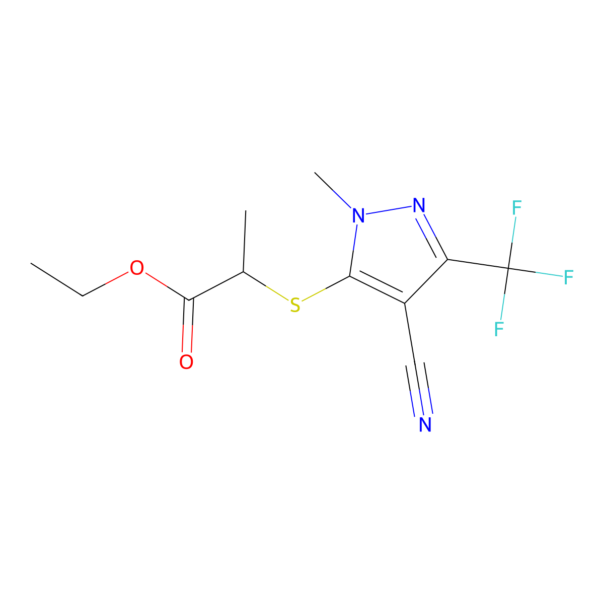 ethyl 2-{[4-cyano-1-methyl-3-(trifluoromethyl)-1H-pyrazol-5-yl]sulfanyl}propanoate molecular structure, CAS 324009-04-3