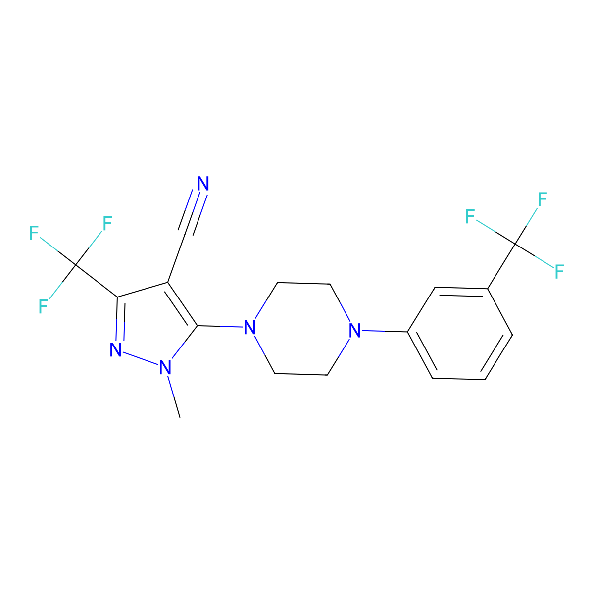 1-methyl-3-(trifluoromethyl)-5-{4-[3-(trifluoromethyl)phenyl]piperazino}-1H-pyrazole-4-carbonitrile molecular structure, CAS 324009-08-7