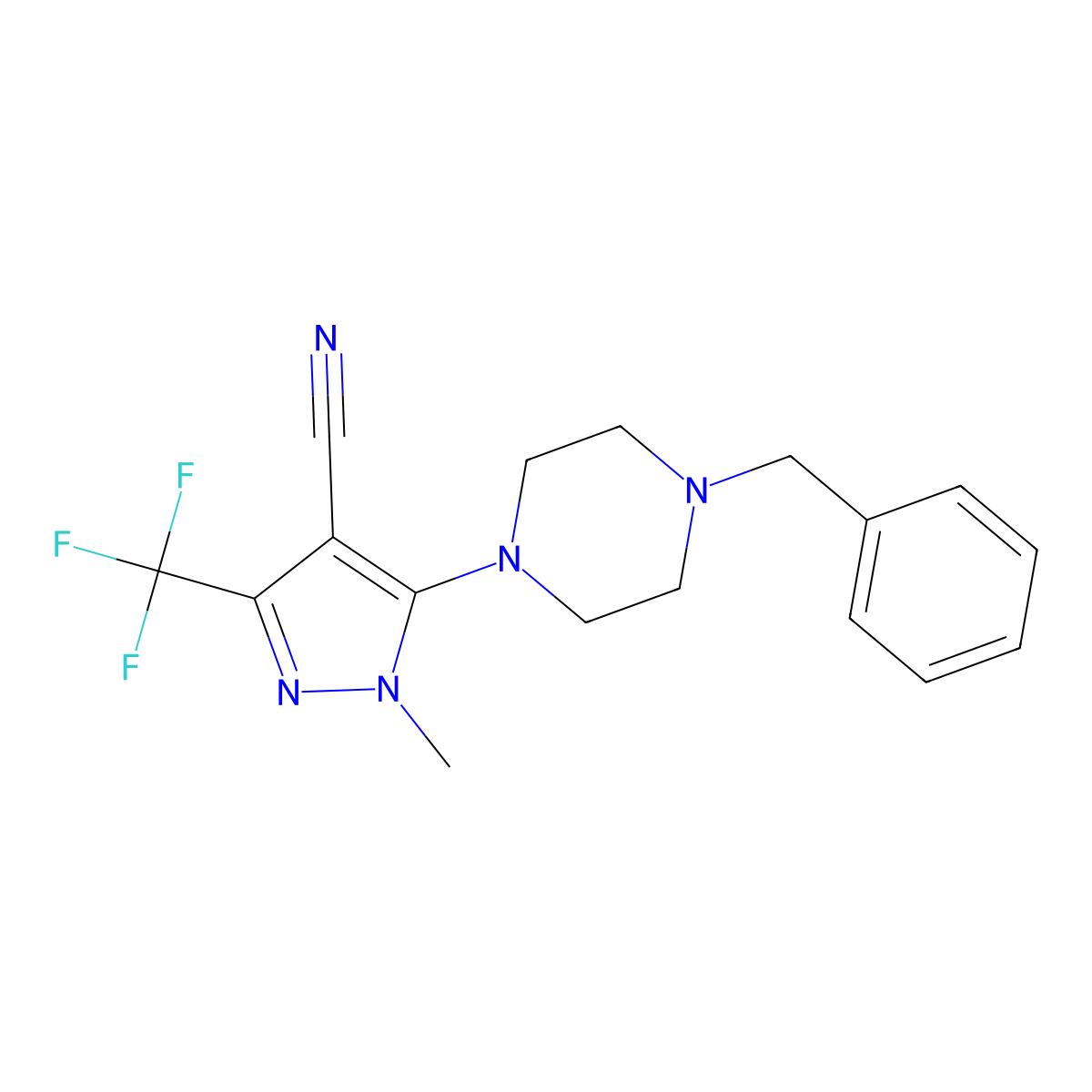 5-(4-benzylpiperazino)-1-methyl-3-(trifluoromethyl)-1H-pyrazole-4-carbonitrile molecular structure, CAS 324009-13-4