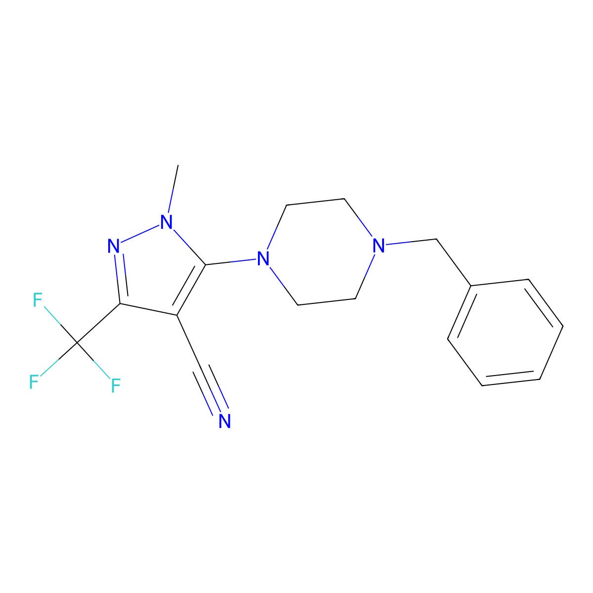 5-(4-benzylpiperazino)-1-methyl-3-(trifluoromethyl)-1H-pyrazole-4-carbonitrile molecular structure, CAS 324009-13-4
