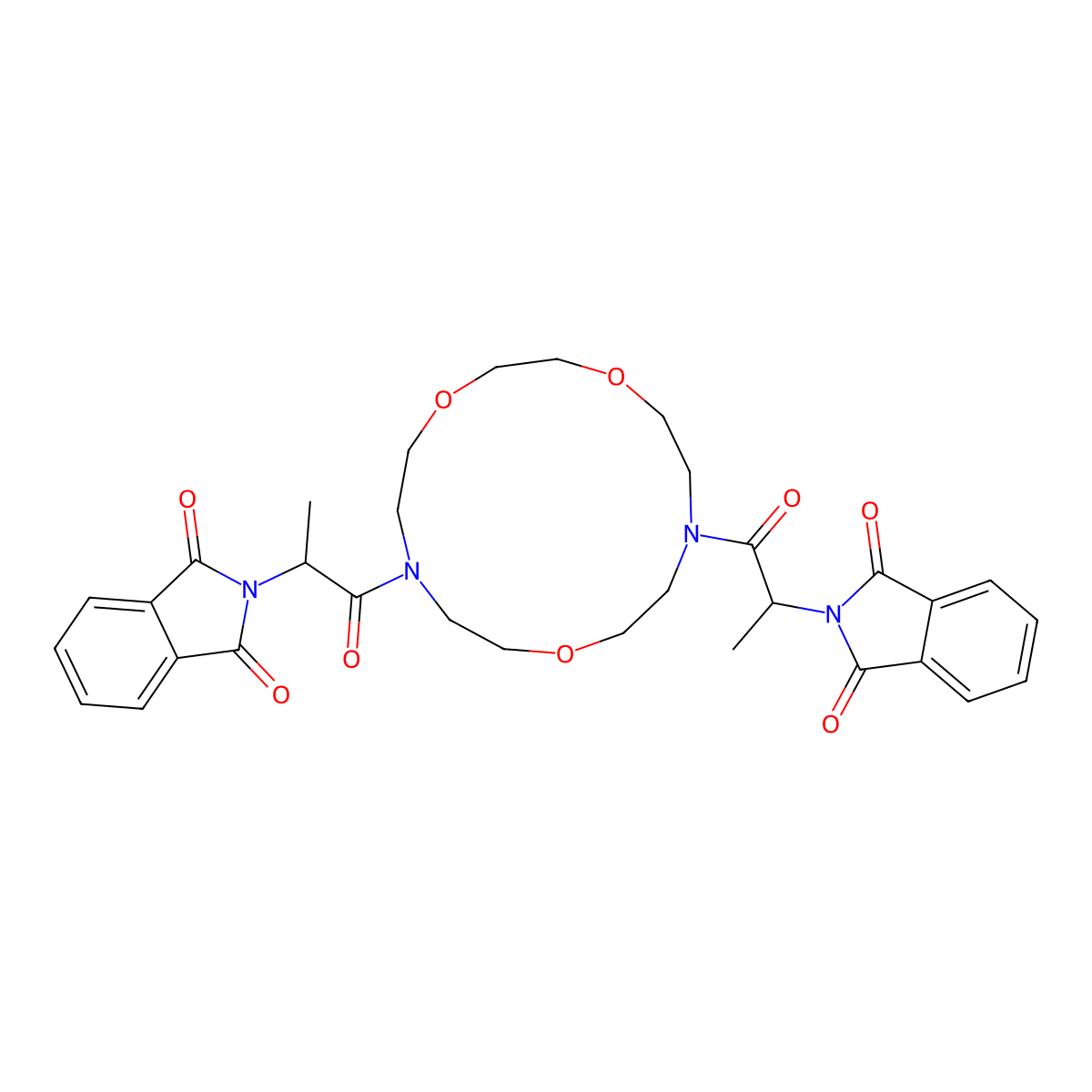 2,2'-((1,4,10-Trioxa-7,13-diazacyclopentadecane-7,13-diyl)bis(1-oxopropane-2,1-diyl))bis(isoindoline-1,3-dione) molecular structure, CAS 324014-06-4