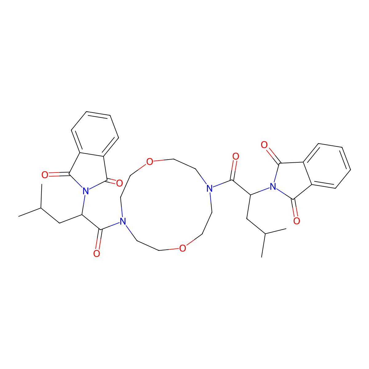 2,2'-((1,7-Dioxa-4,10-diazacyclododecane-4,10-diyl)bis(4-methyl-1-oxopentane-2,1-diyl))bis(isoindoline-1,3-dione) molecular structure, CAS 324014-08-6