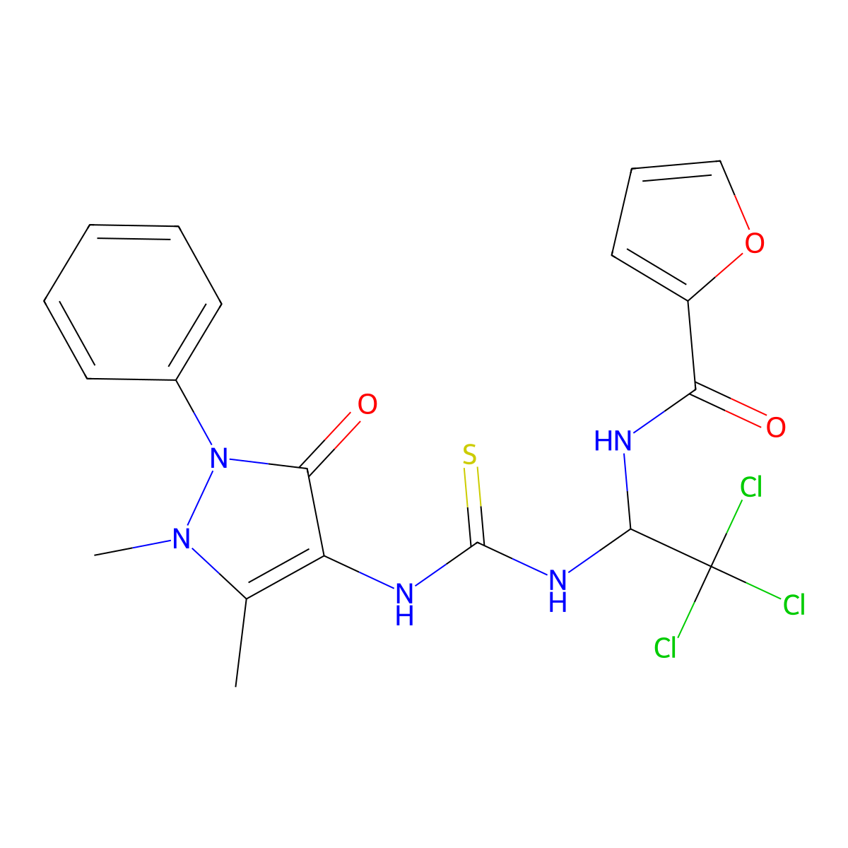 N-[2,2,2-trichloro-1-[(1,5-dimethyl-3-oxo-2-phenylpyrazol-4-yl)carbamothioylamino]ethyl]furan-2-carboxamide molecular structure, CAS 324017-49-4