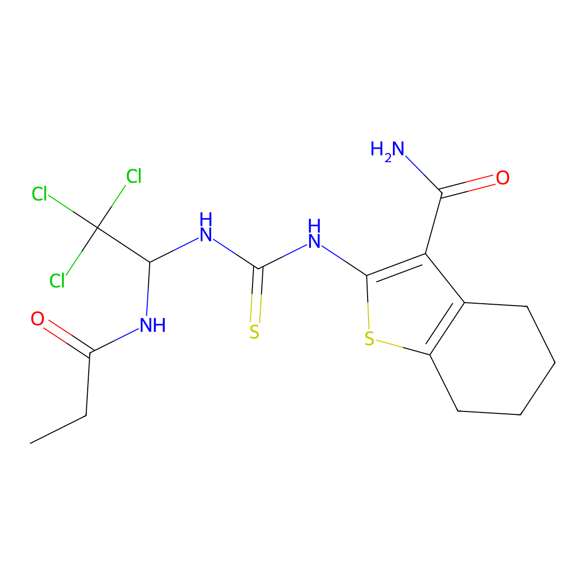 2-[[2,2,2-Trichloro-1-(propanoylamino)ethyl]carbamothioylamino]-4,5,6,7-tetrahydro-1-benzothiophene-3-carboxamide molecular structure, CAS 324017-55-2
