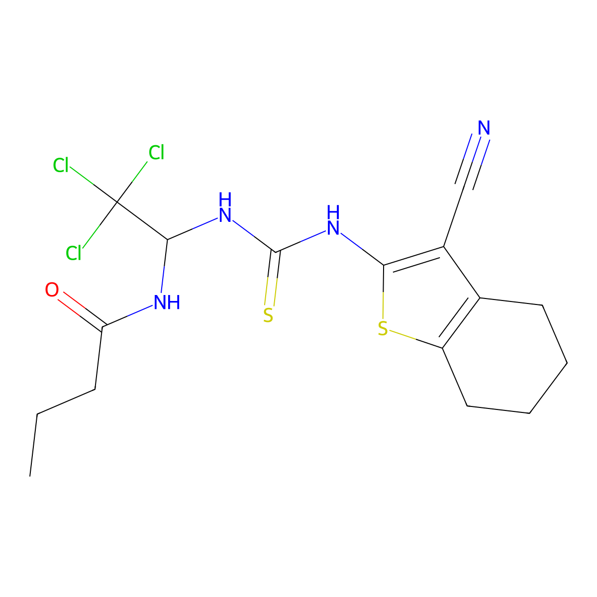 N-[2,2,2-trichloro-1-[(3-cyano-4,5,6,7-tetrahydro-1-benzothiophen-2-yl)carbamothioylamino]ethyl]butanamide molecular structure, CAS 324017-87-0