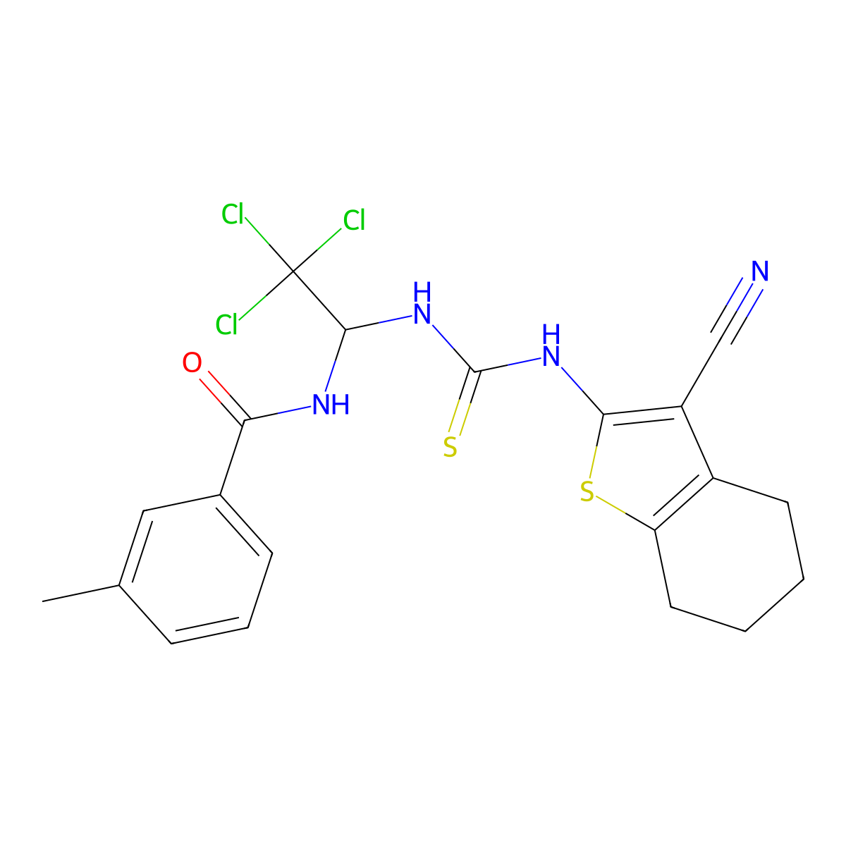 3-methyl-N-(2,2,2-trichloro-1-{[(3-cyano-4,5,6,7-tetrahydro-1-benzothiophen-2-yl)carbamothioyl]amino}ethyl)benzamide molecular structure, CAS 324017-89-2