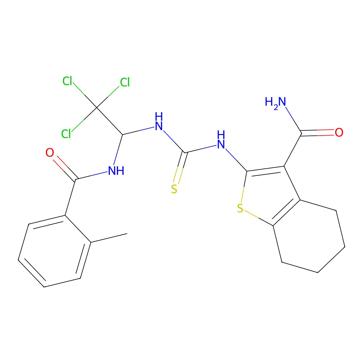2-[[2,2,2-Trichloro-1-[(2-methylbenzoyl)amino]ethyl]carbamothioylamino]-4,5,6,7-tetrahydro-1-benzothiophene-3-carboxamide molecular structure, CAS 324017-92-7