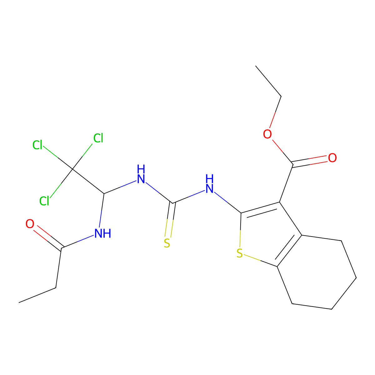 Ethyl 2-[({[2,2,2-trichloro-1-(propionylamino)ethyl]amino}carbothioyl)amino]-4,5,6,7-tetrahydro-1-benzothiophene-3-carboxylate molecular structure, CAS 324018-03-3
