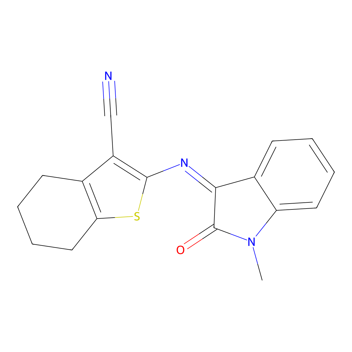 (E)-2-((1-methyl-2-oxoindolin-3-ylidene)amino)-4,5,6,7-tetrahydrobenzo[b]thiophene-3-carbonitrile molecular structure, CAS 324022-74-4
