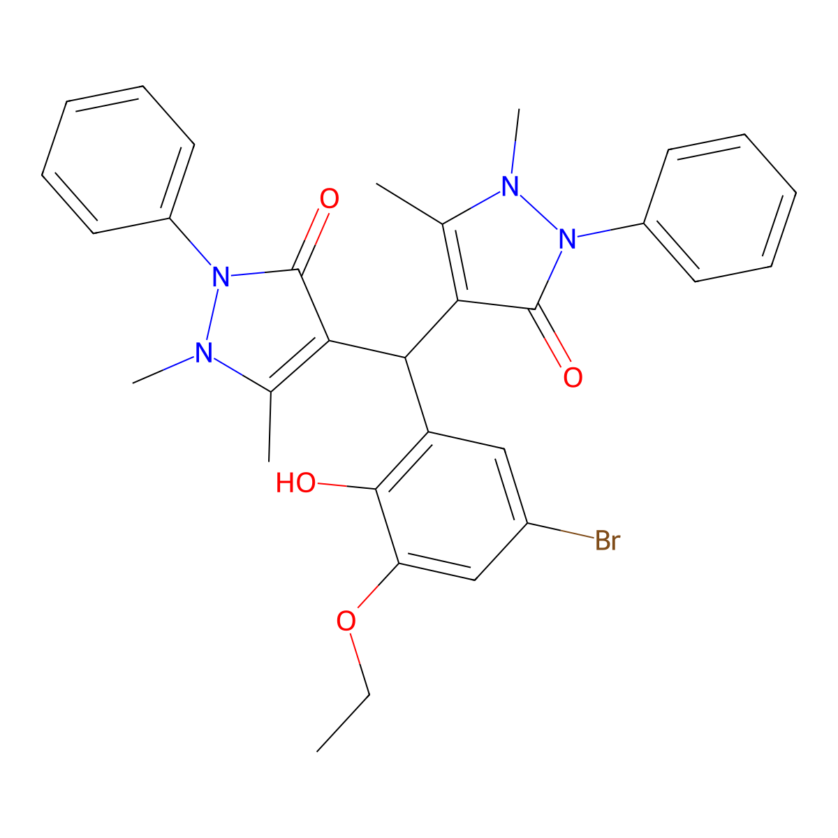 4-[(5-Bromo-3-ethoxy-2-hydroxyphenyl)-(1,5-dimethyl-3-oxo-2-phenylpyrazol-4-yl)methyl]-1,5-dimethyl-2-phenylpyrazol-3-one molecular structure, CAS 324031-72-3