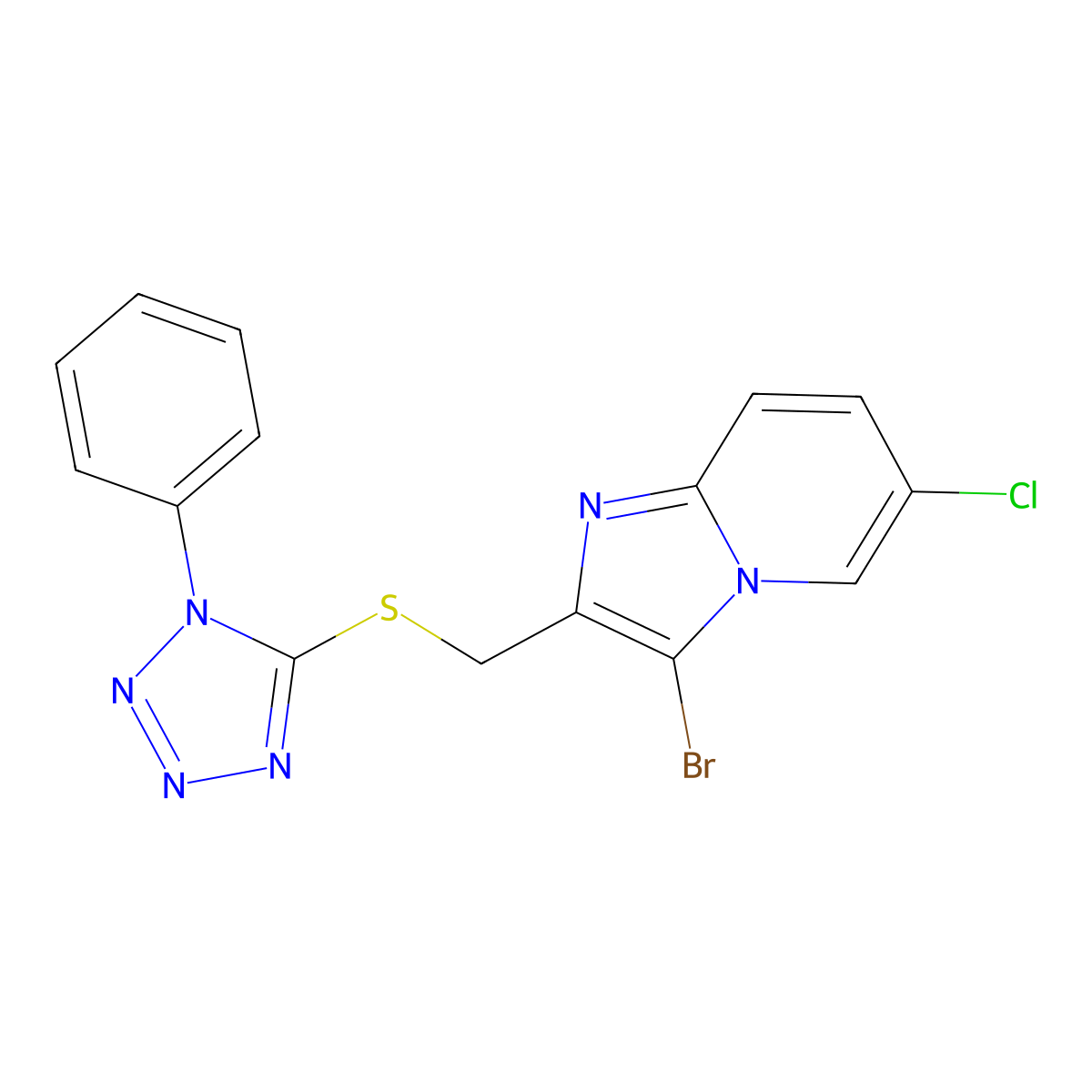 3-bromo-6-chloro-2-(((1-phenyl-1H-tetrazol-5-yl)thio)methyl)imidazo[1,2-a]pyridine molecular structure, CAS 324037-20-9