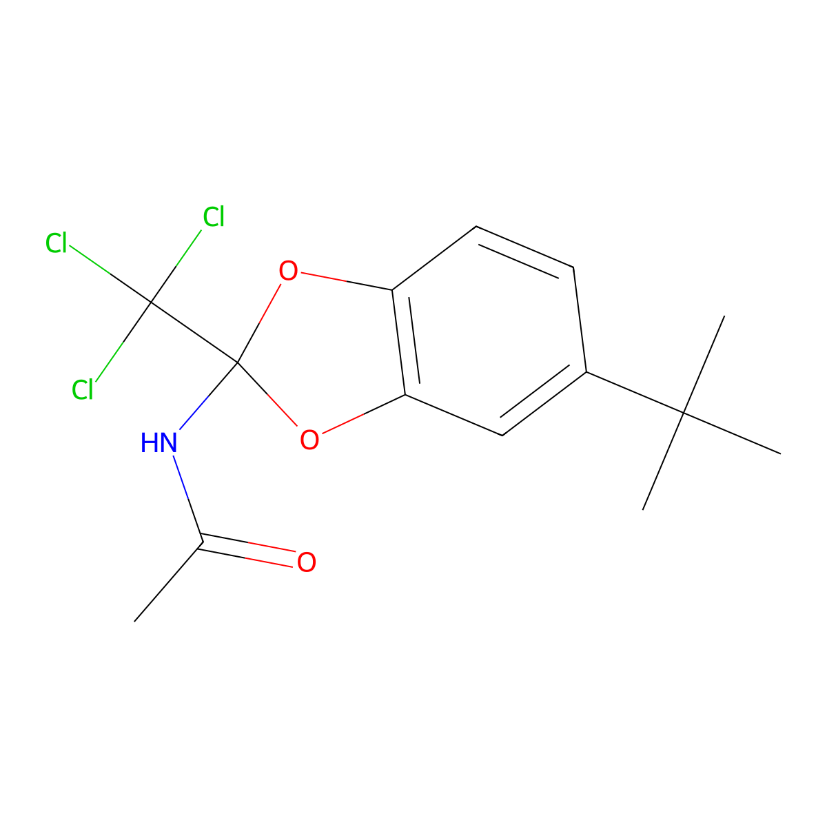N-(5-(tert-butyl)-2-(trichloromethyl)benzo[d][1,3]dioxol-2-yl)acetamide molecular structure, CAS 324058-26-6